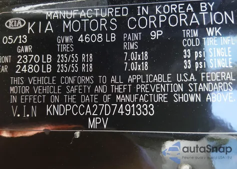 2013 Kia Sportage Ex z USA, uszkodzony, nr VIN KNDPCCA27D7491333